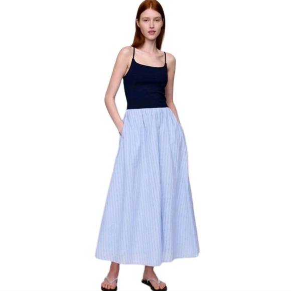 Gap Compact Jersey Mixed Media Maxi Dress Navy Blue Sundress Cottagecore Sz M - Picture 1 of 13